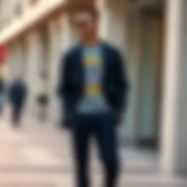 Smart casual combination of navy trousers and a graphic tee