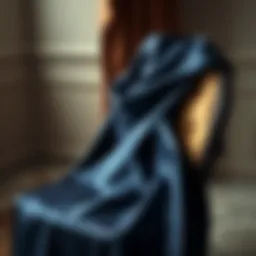 Elegant navy satin shawl draped gracefully over a chair
