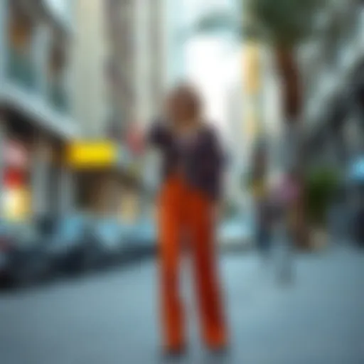 High-waisted trousers in a chic urban setting