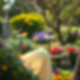 Elegant long viscose dress showcased in a serene garden setting
