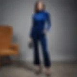 Stylish blue velvet pants showcased in a modern outfit