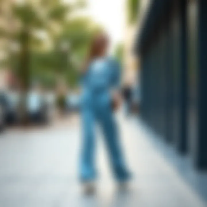 Combination of blue wide pants with casual wear