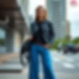 Stylish blue wide pants in urban setting