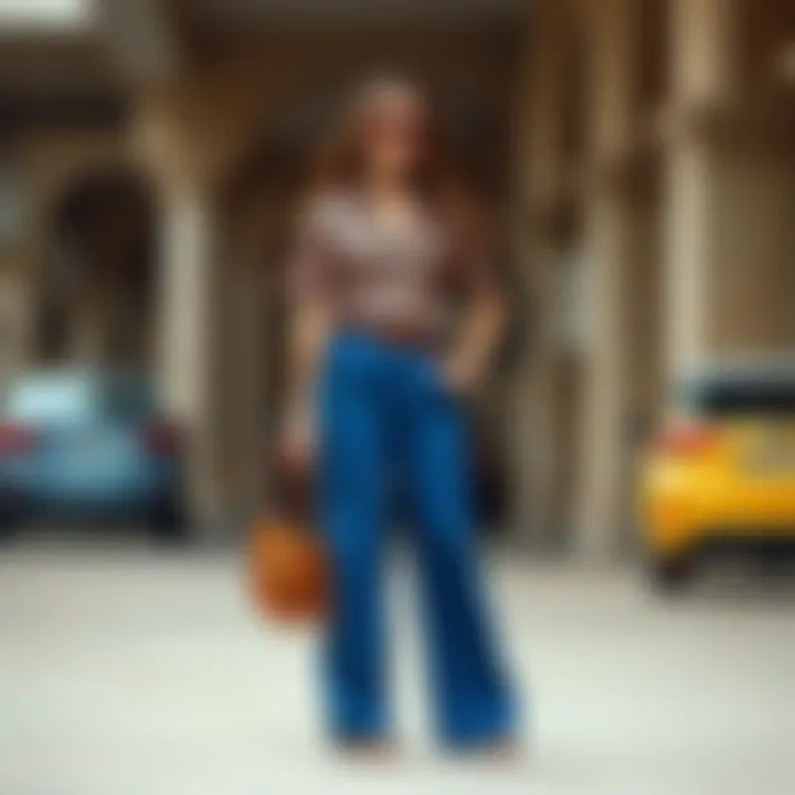 Trendy accessories paired with blue wide pants