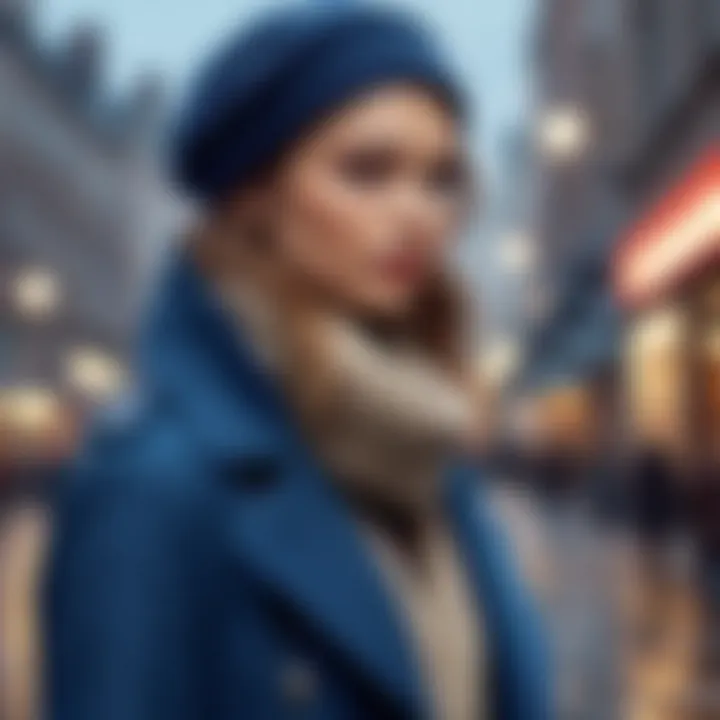 A fashionable winter outfit featuring a blue coat paired with stylish accessories.