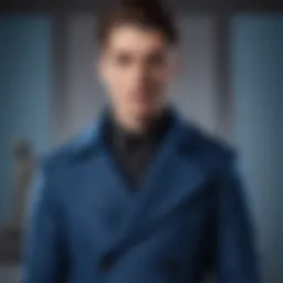 A stylish blue winter coat displayed on a mannequin, showcasing its elegant design.