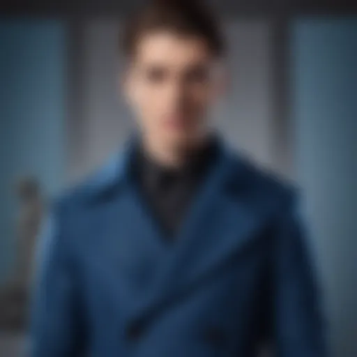 A stylish blue winter coat displayed on a mannequin, showcasing its elegant design.