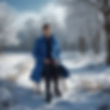 Blue Coat in a Winter Landscape A winter landscape with a blue coat draped over a chair, embodying seasonal style.