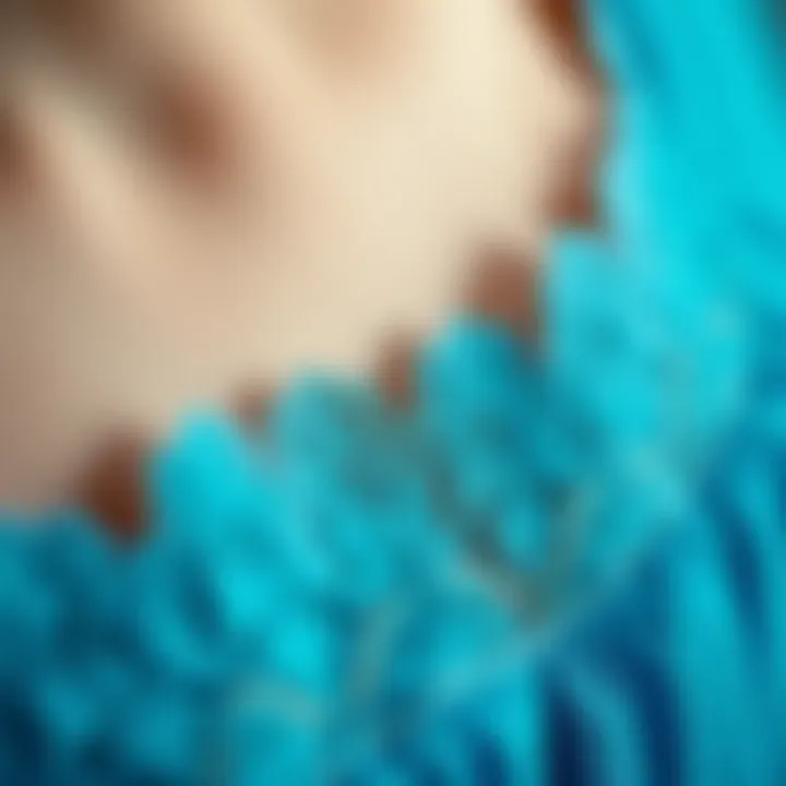 Close-up of intricate lace details on a blue dress