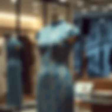 Elegant blue lace dress displayed on a mannequin