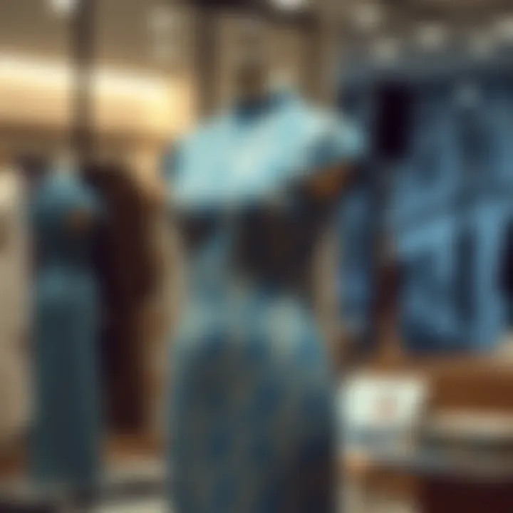 Elegant blue lace dress displayed on a mannequin