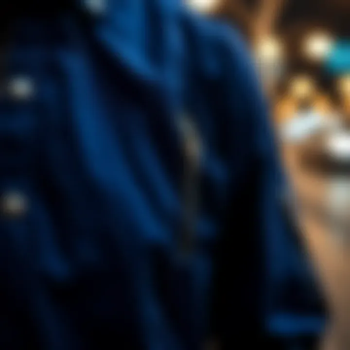 Quality fabric details of a blue seasonal jacket
