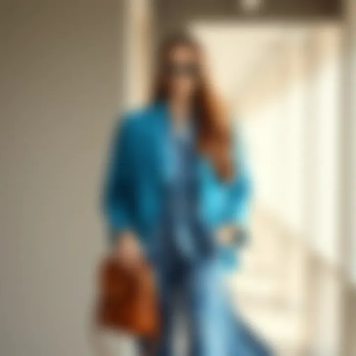 A fashion ensemble inspired by various shades of blue, showcasing modern Turkish style.