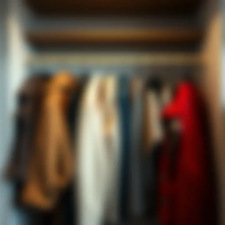 A minimalist wardrobe featuring various styles of faux wool jackets neatly arranged