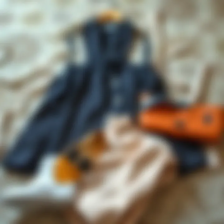 A chic outfit laid out on a stylish background, combining modern and classic elements