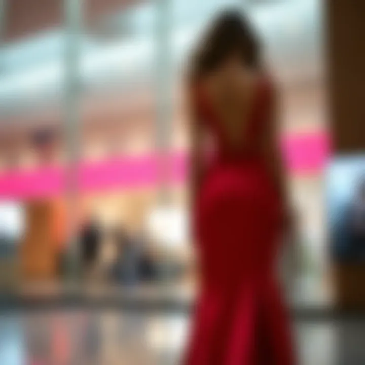 A modern evening gown featuring innovative silhouettes and bold colors