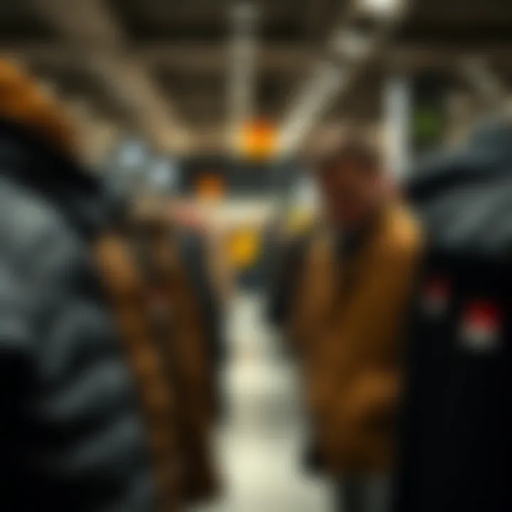 A shopper analyzing different brands of jackets in a store