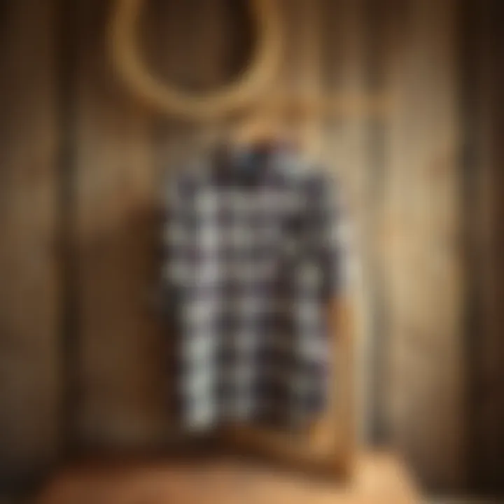 Classic plaid flannel shirt displayed on a rustic wooden background.
