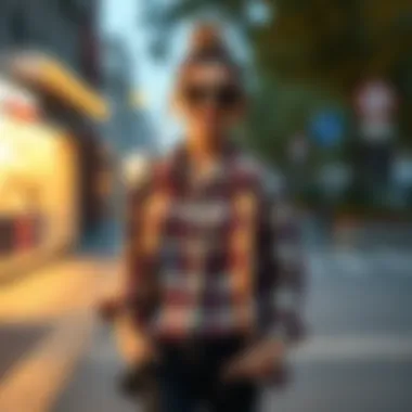 Layered outfit featuring a flannel shirt paired with a stylish jacket and accessories.