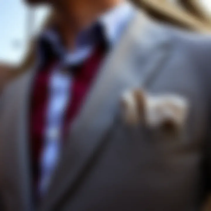 A stylish outfit complemented by a cotton handkerchief tucked in a blazer pocket.