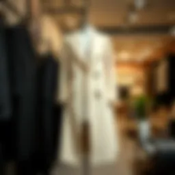 Elegant long coat displayed in a boutique setting