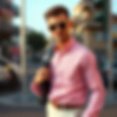 Man demonstrating a smart casual outfit with a pink striped shirt