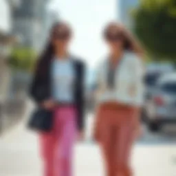 A stylish outfit featuring pink jeans with a chic top and accessories