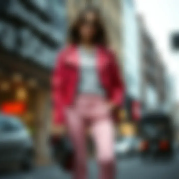 A fashion-forward individual confidently wearing pink jeans in a city setting