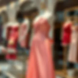 Elegant pink satin dress showcased on a mannequin in a boutique setting