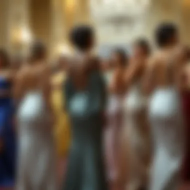Various Body Types in Powder Satin Evening Dresses Various body types wearing powder satin evening dresses at a formal event