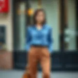 Elegant blue blouse with tailored trousers