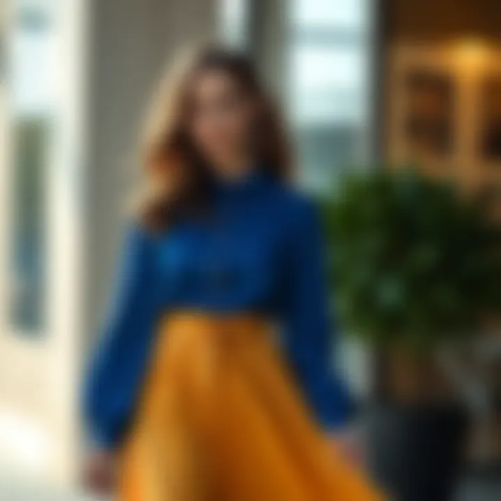 Blue blouse styled with a flowing skirt