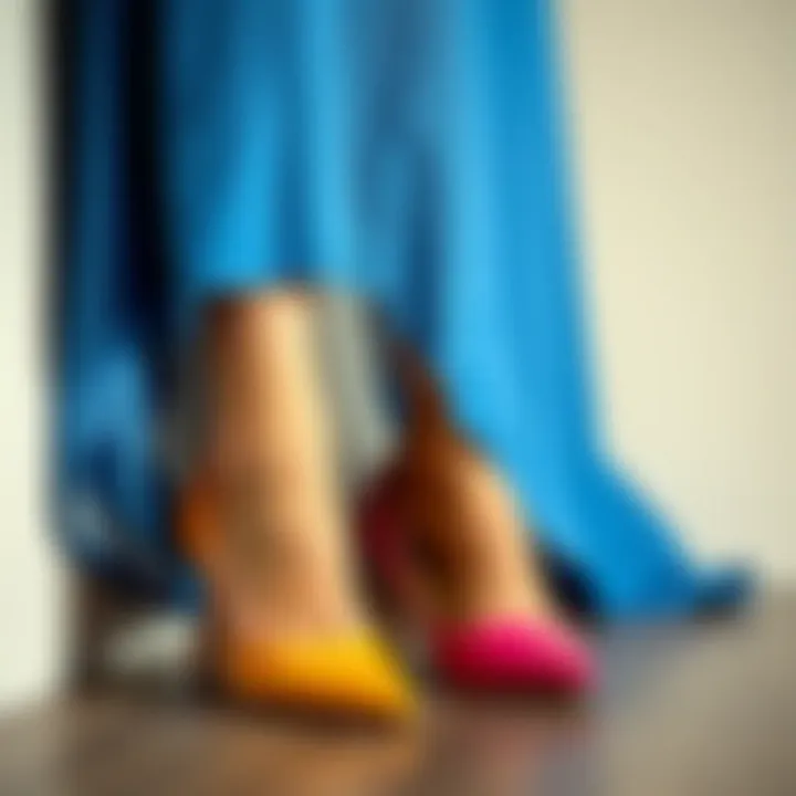 Varied shoe colors alongside a blue dress