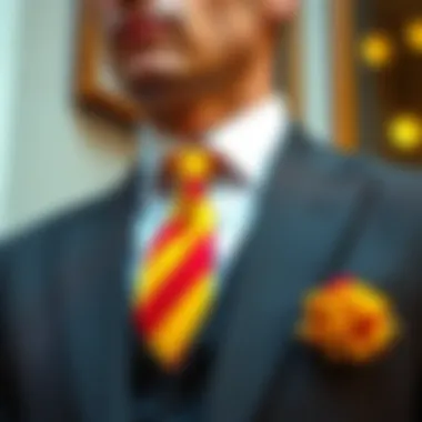 A vibrant yellow and red tie elegantly styled with a tailored suit
