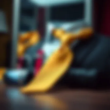 Fashion accessories displayed alongside a yellow and red tie for a complete look