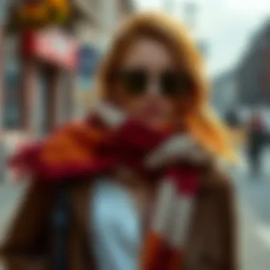 An ensemble featuring a wide scarf paired with chic accessories