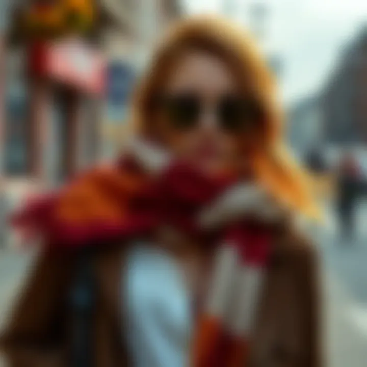 An ensemble featuring a wide scarf paired with chic accessories