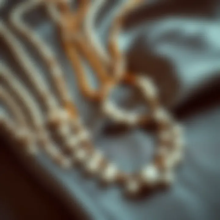 An elegant display of various styles of mother-of-pearl necklaces on a silk background.
