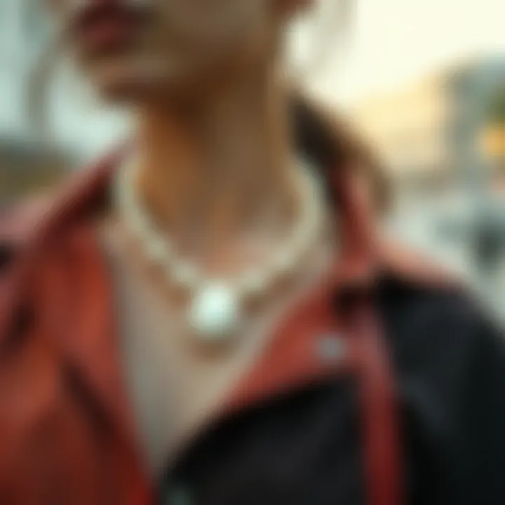 A fashionable outfit complemented by a mother-of-pearl necklace highlighting its versatility.