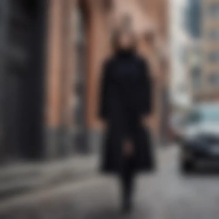 Fashionable outfit featuring a black cashmere coat in an urban setting