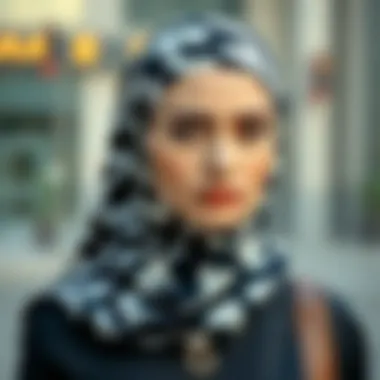 A modern outfit complemented by a black and white headscarf