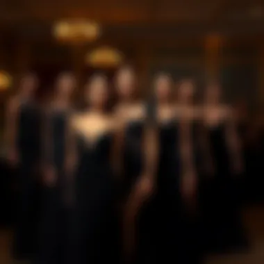 Diverse styles of black evening gowns showcased together