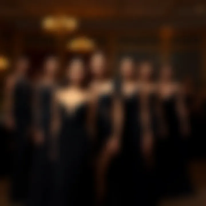 Diverse styles of black evening gowns showcased together