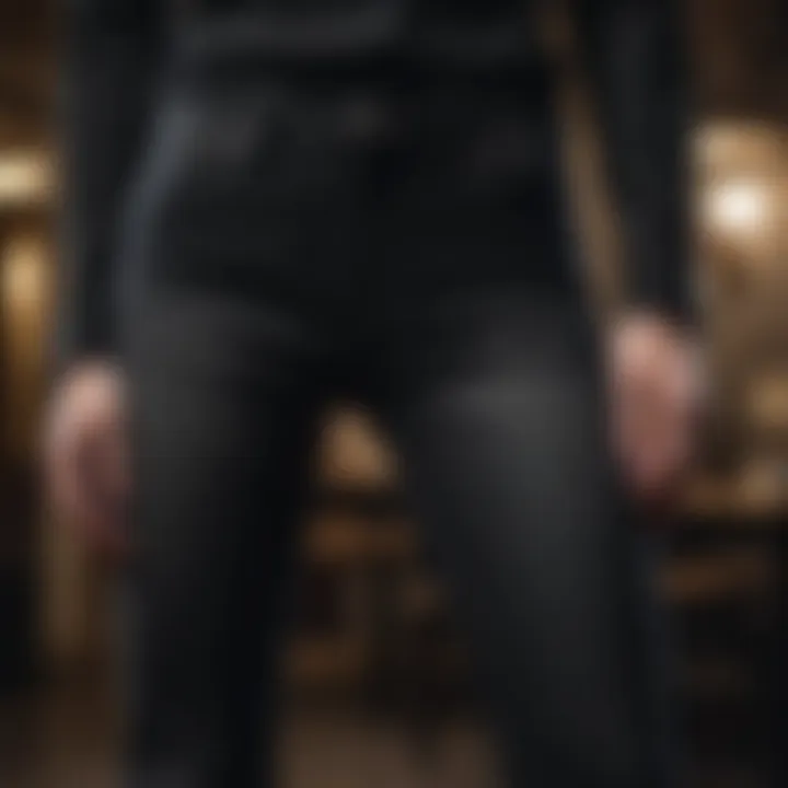 Close-up of black flare jeans showcasing unique fabric texture and design