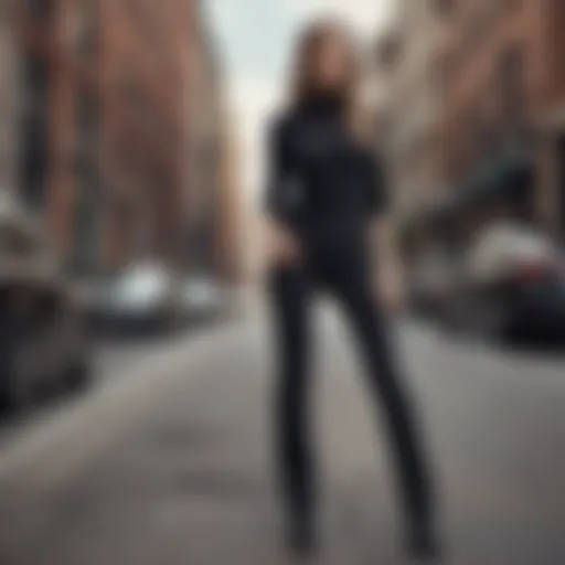 Stylish black flare jeans paired with a trendy top in an urban setting