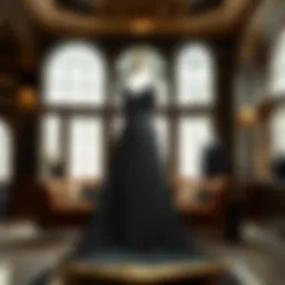 Elegant black stone dress displayed on a mannequin in a sophisticated setting