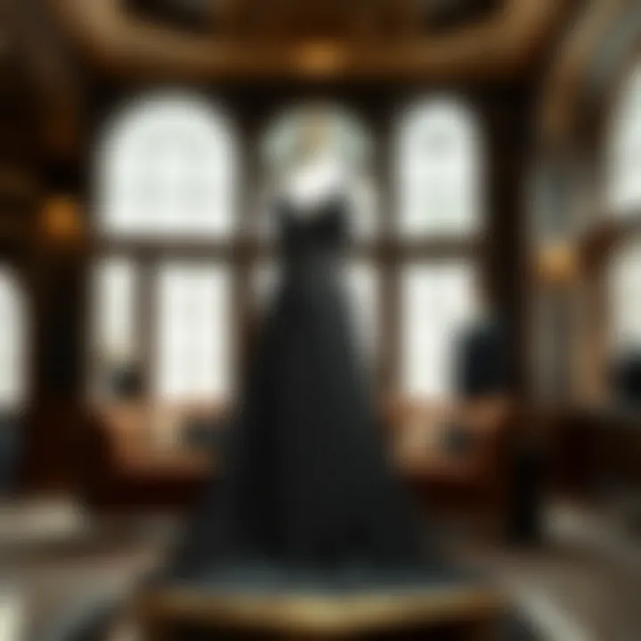 Elegant black stone dress displayed on a mannequin in a sophisticated setting