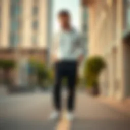 Stylish sports fabric pants in a modern urban setting