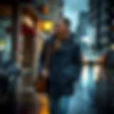 Stylish waterproof jacket on a rainy street