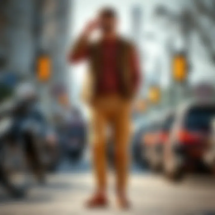 Combination of tan trousers with accessories